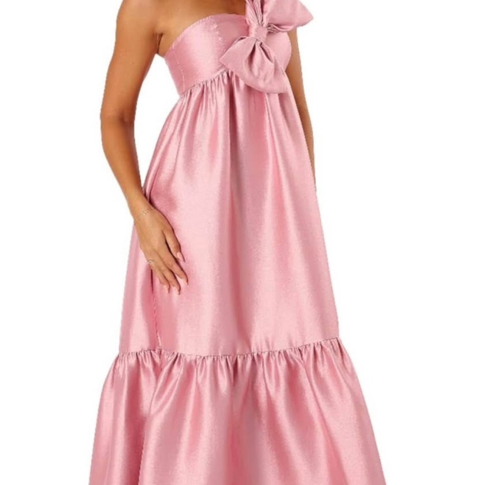 Petal & Pup One-Shoulder Pink Satin Maxi Dress with Bow
